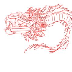 a drawing of a dragon with feathers on it's head and tail, in red ink