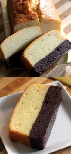 two pictures of slices of cake on a plate