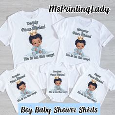 Ice Blue Baby Boy Baby Shower Prince (or Baby) Custom Name On Shirts! Choose Shirt Color and Font Color. High-Quality Prints and Service These personalized Prince Shirts are adorable and will leave a lasting memory.  Pick name title in the listing options. If you would like additional names, contact me for additional payment options.   State the name of the coming prince, Shirt Color and family title in the box.  Please note: We will attempt to have the same brand for all of the shirts, however Prince Shirt, Boy Baby Shower Themes, Boy Baby Shower, Blue Baby, Boy Baby, Boys T Shirts, Blue Shirt, Baby Boy Shower, Baby Shower Themes