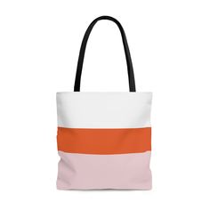 "This practical, high-quality Tote Bag provides comfort with style at the beach or out in town. Made from reliable materials, lasting for seasons. 18\" H x 18\" L x 3.5\" W .: 100% Polyester .: Boxed corners .: Black inner stitching, transparent thread on hems. .: Black cotton handles .: With non-woven laminate inside .: NB! Size tolerance 0.75\" (1.9 cm)) .: Assembled in the USA from globally sourced parts" Modern Pink Shoulder Bag For Summer, Modern White Shoulder Bag For Vacation, Modern White Bags For The Beach, Modern White Bags For Beach, Modern White Beach Bag, White Square Beach Bag With Adjustable Strap, White Color Block Travel Bag, Black Handles, Orange Light