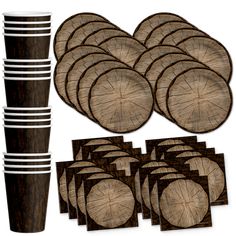 a set of wooden coasters and cups with woodgrains on the top one