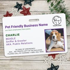 a pet friendly business card with a dog on it