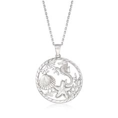 Capture the beauty of the sea with our sterling silver necklace. Expertly crafted in textured and polished sterling silver with myriad seaside creatures. Choice of Length 18" and 20" Pendant measures 1-1/4' x 1 inch Lobster Clasp 1/2 mm Chain Gift Boxed Romance Card Jellyfish Pendant, Feel Better Gifts, Sand Dollar Pendant, Silver Sea, Gold Sand, Earring Sale, Fine Jewellery Necklace, Cultured Pearls, Sterling Silver Necklace