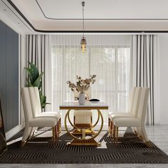 an elegant dining room with white chairs and a gold table surrounded by beige upholstered chairs