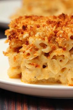 macaroni and cheese casserole on a white plate