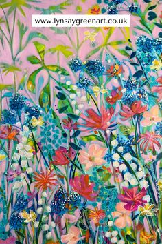 a painting of colorful flowers and butterflies on a pink background