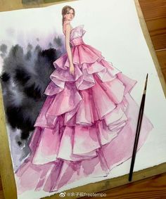 a drawing of a woman in a pink dress