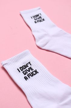 Make a major statement in these fun socks! These crew length socks are made in a stretchy cotton blend and feature "IDGAF" woven into a ribbed cuff. Available in Black or White Fun Socks, Cool Socks, Socks And Hosiery, Hosiery, Cotton Blend, Socks, Cuff, White, Black