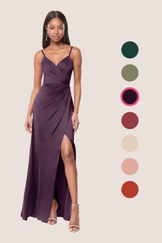 a woman in a long purple dress with slits and color swatches on the side