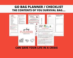 the go bag planner / checklist is shown on an orange background