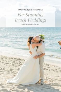 a bride and groom kissing on the beach with text overlay that reads, for stunning beach wedding