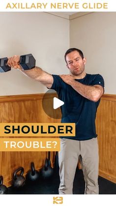 a man holding two dumbbells with the words shoulder trouble? in front of him