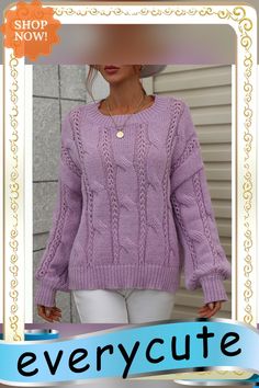 Purple Solid Knitted Cut Out Crew Neck Sweater Long Sleeve Acrylic Sweater With Pointelle Knit, Acrylic Pointelle Knit Long Sleeve Sweater, Cable Knit Crew Neck Acrylic Sweater, Acrylic Cable Knit Crew Neck Sweater, Winter Purple Knitting Pattern, Purple Cable Knit Top For Fall, Spring Solid Cable Knit Sweater, Spring Solid Color Cable Knit Sweater, Casual Purple Cable Knit Sweater