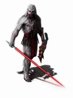 a character from star wars with two lights sabers in his hand and an angry looking face