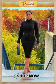 Black Knitted Long Sleeve Turtleneck Pullover Dress Elegant Stretch Sweater Dress For Winter, Casual High Neck Sweater Dress For Night Out, High Neck Sweater Dress For Winter Party, Elegant High Neck Sweater Dress For Night Out, Chic Sweater Dress For Winter, Elegant Fall Sweater For Night Out, Chic High Neck Sweater Dress For Winter, Chic Knee-length Sweater For Winter, Chic Solid Color Sweater Dress For Winter