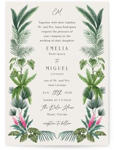 a wedding card with tropical leaves and flowers on the front, in green and pink