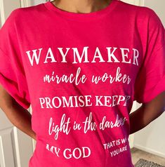 Waymaker Inspirational T-shirt, crewneck, short sleeve, 100% cotton, Relaxed Fit Short Sleeve Pre-shrunk Shirt, Pink Cotton T-shirt With Short Sleeves, Pink Short Sleeve Shirt With Letter Print, Custom Print Cotton T-shirt Short Sleeve, Pink Short Sleeve T-shirt With Letter Print, Pre-shrunk Pink Relaxed Fit T-shirt, Pink Relaxed Fit Short Sleeve T-shirt, Pink Short Sleeve Shirt With Screen Print, Short Sleeve Cotton T-shirt With Letter Print