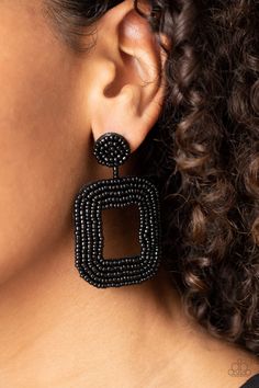 Shiny rows of dainty black seed beads adorn the front of a rounded square frame at the bottom of a matching beaded fitting, creating a blissfully beaded look. Earring attaches to a standard post fitting. Paparazzi Jewelry Images, Paparazzi Earrings, 25 21, Rounded Square, Black Seed, Paparazzi Accessories, Black Earrings, Earring Sale, Paparazzi Jewelry