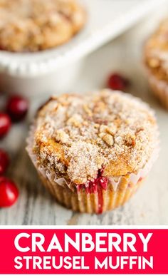 cranberry streusel muffins with text overlay