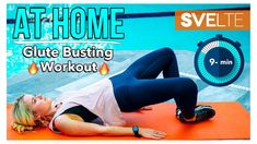 a woman laying on top of an orange mat in front of a swimming pool with the words at home glute busting workout