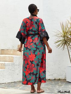 Olivia Mark - Womens Plus Size Floral Print Boho Kimono: Half Sleeve with Ruffle Trim, Open Front, Belted Cover Up Belt Kimono, Plus Size Bohemian, Kimono Boho, Plus Size Boho, Kimono Floral, Bohemian Kimono, Boho Kimono, Womens Kimono, Stylish Plus