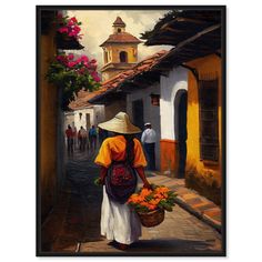 a painting of a woman walking down the street with flowers in her basket on her back