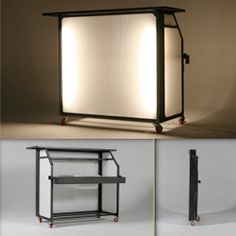 three different views of a light box with wheels on each side and an open shelf below