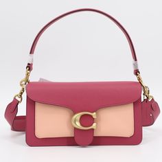 -Coach Tabby 26 Colorblock Leather Shoulder Bag - Brand New With Tags In Original Coach Factory Packaging - Color: Rouge Multi - Made Of Genuine Pebbled Leather - Adjustable, Detachable Shoulder Strap With 7 1/4" Drop - Adjustable, Detachable Crossbody Strap With 21" - Flap With Snap Closure - Gold Tone Hardware - Detachable Coach Embossed Leather Charm - Interior Features A Center Zip Divider Compartment, 1 Slip Pocket - Approximate Dimensions: 10"(L) X 3"(D) X 5 1/2"(H) - Includes Coach Protec Pink Double Flap Shoulder Bag With Detachable Strap, Pink Double Flap Bag For Everyday Use, Formal Pink Flap Bag, Coach Rectangular Flap Bag With Branded Hardware, Coach Rectangular Flap Bag With Removable Pouch, Coach Bags With Detachable Handle And Flap Shape, Denim Patchwork Bag, Coach Tabby 26, Coach Tabby