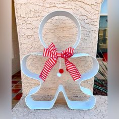 One Gingerbread Man Design Oversized Cookie Cutter. It Can Be Placed In The Yard Or In The House And Has A Bar On One Side At The Neck For Hanging Up. It Measures Approx 28 Inches Tall By 22.5 Inches Wide By 5 Inches Deep Shipping Is Calculated By Size For This Guy. All Metal Construction, Painted White With A Red And White Striped Bow And Three Pom Poms That Hang From It. Just So Super Cute. Please Keep In Mind That I Will Be Paying An Additional $20 Out Of Pocket To Ship This Big Guy Safely To Harry Potter Printables, Man Design, Gingerbread Cookie, Candy Christmas Decorations, Painted Metal, Metal Construction, Christmas Candy, Gingerbread Man, This Guy