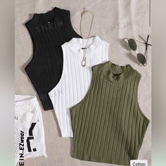 Solid Color Rib Tank Top 3 Pack Brand New With Out Tags From A Clean Pet Free Smoke Free Home Sleeveless Ribbed Top, Mock Neck Tank Top, Slim Fit Crop Top, Rib Knit Top, Women Tank Tops, Vest Fashion, Style Cardigan, Sleeveless Crop Top, Cotton Tank Top