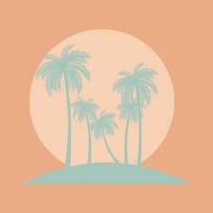 three palm trees on an island in front of the sun with pink and blue background