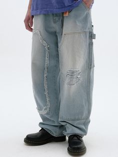 It is a casual wide fit denim pant with a unique design point on the knees. The pant has double layered knees with the distressed denim patched on the pant. The pant has a loop on the side and top-stitching point. - Side pockets- Back pockets- Logo label- Washed denim Detachable Jeans, Knee Pants, Denim Patches, Logo Label, Jeans Men, Washed Denim, Denim Pant, Top Stitching, Mens Denim