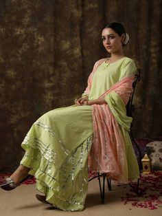 Ambika- Harita pistachio peach sharara set - Trendroots Pista Green Chanderi Palazzo Set With Mirror Work, Pista Green Sets With Mirror Work And Straight Kurta, Pista Green Straight Kurta Sets With Mirror Work, Chinon Sharara With Gota Work And Straight Kurta, Sharara With Gota Work And Straight Kurta In Chinon, Pista Green Palazzo Set With Mirror Work, Pista Green Cutdana Sharara For Navratri, Pista Green Sharara With Cutdana For Navratri, Semi-stitched Pista Green Palazzo Set With Gota Work