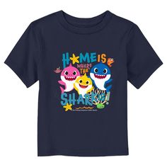 Join parents and kids alike for the viral children's chant that originated as a campfire song with officially licensed apparel for the whole family from the popular YouTube song, Baby Shark! This Toddlers' Baby Shark Home Is Where the Shark Is T-Shirt features a graphic of Baby Shark, Mommy Shark, and Daddy Shark with the text: "Home Is Where the Shark Is," across the front. Grab some new Baby Shark apparel today and sing along to all your favorite songs in style! Blue Family Matching T-shirt With Cartoon Print, Family Matching Blue T-shirt With Cartoon Print, Funny Blue Tops For Playtime, Themed Blue T-shirt For Fan Merchandise, Blue Family Matching T-shirt With Character Print, Blue Pre-shrunk T-shirt For Playtime, Pre-shrunk Blue T-shirt For Playtime, Blue Short Sleeve T-shirt For Daycare, Shark Apparel