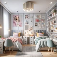 a bedroom with two beds, desks and pictures on the wall above them in pastel colors