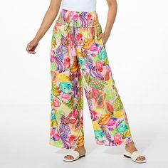 Antthony Printed Woven Pull-On Wide-Leg Crop Pant  Cut from a silky woven rayon fabric with a cropped length and wide, full legs, these printed pull-on pants are a cool remake of a closet classic. Summer Viscose Pants With Loosely Fitted Hips, Summer Pants With Loosely Fitted Hips In Viscose, Spring Printed Rayon Bottoms, Summer Patterned Bottoms For Loungewear, Bohemian Bottoms With Vibrant Print For Spring, Viscose Wide-leg Pants For Summer, Spring Rayon Bottoms With Elastic Waistband, Spring Vacation Bottoms In Viscose, Multicolor Rayon Bottoms With Elastic Waistband