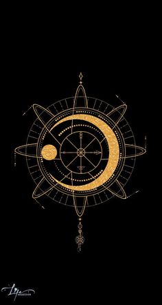 the sun, moon and stars are drawn in gold on black paper with an intricate design