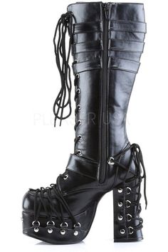 2" (5.1cm) Platform Goth Punk Lolita Corset Style Lace Up Knee Boot with Buckles, Studs and Straps on Platform, Heel and Upper, Full Inner Side Zipper - Fit Guide: True to Size - Heel Specifications: 4 1/2" Heel - Country of Origin: Imported Gothic Leather Boots With Grommets, Gothic Faux Leather Boots For Alternative Fashion, Gothic Leather Platform Boots With Grommets, Gothic Black Boots With Grommets, Gothic Platform Boots With Grommets, Gothic Lace-up Boots For Alternative Fashion, Gothic Leather Lace-up Heeled Boots, Gothic Lace-up Cosplay Platform Boots, Gothic Lace-up Leather Heeled Boots