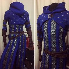 two pictures of the back and side of a medieval costume, one in blue with silver details