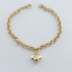 "\"Thick Rolo Chain, Heart Charm, 14k Gold Bracelet | Fine Jewelry in Love Puffy Heart Minimalist Bracelet for Everyday Use | Gift for Her\" P R O P E R T I E S The best finishing touch to every ensemble is our classic 14k gold rolo chain bracelet with a chic heart charm. It's stunning on its own, but it's also great with other bracelets for a more impressive look. This lovely charm bracelet is a timeless look that will be a go-to piece of your jewelry collection for decades to come. * Material: Anniversary Heart Pendant Charm Bracelet, Heart Charm Bracelet For Anniversary, Heart-shaped Charm Bracelets For Valentine's Day, Valentine's Day Gift Chain Bracelet With Lobster Clasp, Valentine's Day Heart Charm Bracelet With Heart Pendant, Heart-shaped Valentine's Day Charm Bracelets, Valentine's Day Heart Charm Bracelets, Heart-shaped Valentine's Day Charm Bracelet, Heart-shaped Chain Bracelet With Lobster Clasp As Gift