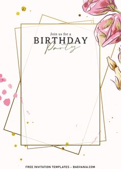 a birthday card with pink flowers and gold confetti