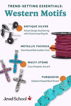 Four types of jewelry-making supplies with a western themed motif propped against a clean, light pink background. Western Motifs, Southwest Vibes, School S, Artisan Design, Multi Stone, Bead Strand, Leather Cord