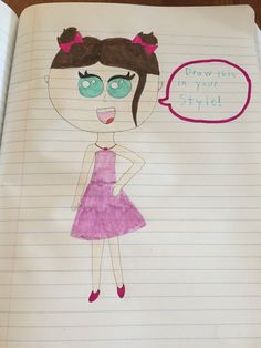 a child's drawing of a girl in a pink dress with a thought bubble above her head