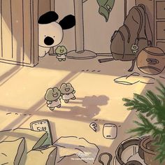 a drawing of a mickey mouse in a room with other items on the floor and walls