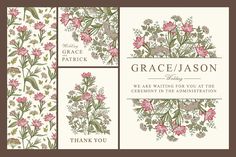 the wedding stationery is decorated with colorful flowers and greenery, as well as thank cards