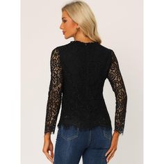 Add a bit of femininity to your look with the ruffle round-neck lace top. It features a long sleeve form, a ruffle neck, and lace fabric. It perfectly matches everyday jeans and skirts for a weekend casual look. A lace top puts a feminine spin on any day or night look with a charming feminine silhouette. Good options for parties, sweet dating, shopping, festivals, banquets, office outfits, casual wear, and daily outfits. Elegant Crew Neck Lace Top For Fall, Elegant Crew Neck Lace Top With Lace Trim, Party Blouse With Lace Top And Crew Neck, Crew Neck Lace Top With Lace Sleeves For Fall, Fall Party Tops With Scalloped Lace, Elegant Long Sleeve Lace Top, Chic Lace Crew Neck Top For Fall, Chic Crew Neck Lace Top For Fall, Long Sleeve Lace Patchwork Top For Night Out