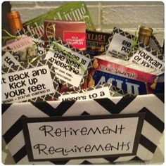 a gift box filled with candy and personalized stickers that says,'retirement announcement '