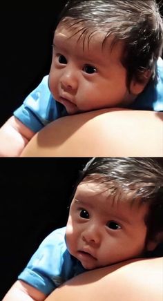 two pictures of a baby with one being held by the other