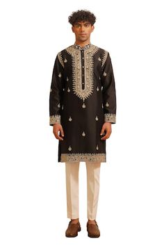 Black kurta with thread embroidered blossom motifs embellished by sequins and pearls. Comes with pant. - Aza Fashions Ceremonial Embroidered Kurta With Traditional Fit, Traditional Ceremonial Kurta With Floral Embroidery, Traditional Floral Embroidered Kurta For Ceremonial Occasions, Ceremonial Straight Kurta Salwar Kameez With Embroidered Border, Ceremonial Straight Kurta With Floral Embroidery, Traditional Wear Embroidered Straight Kurta, Ceremonial Salwar Kameez With Embroidered Border, Unstitched Ceremonial Kurta With Floral Embroidery, Ceremonial Embroidered Kurta For Eid