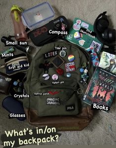 Survival Backpack Aesthetic, Aesthetic Backpack Decoration, Black Jansport Backpacks Aesthetic Pins, Cryptid Hunter Backpack, Aesthetic What’s In My Backpack, What In My Bag School Backpacks, Cryptidcore Bag, School Backpack Decorations, Backpack Tour Aesthetic